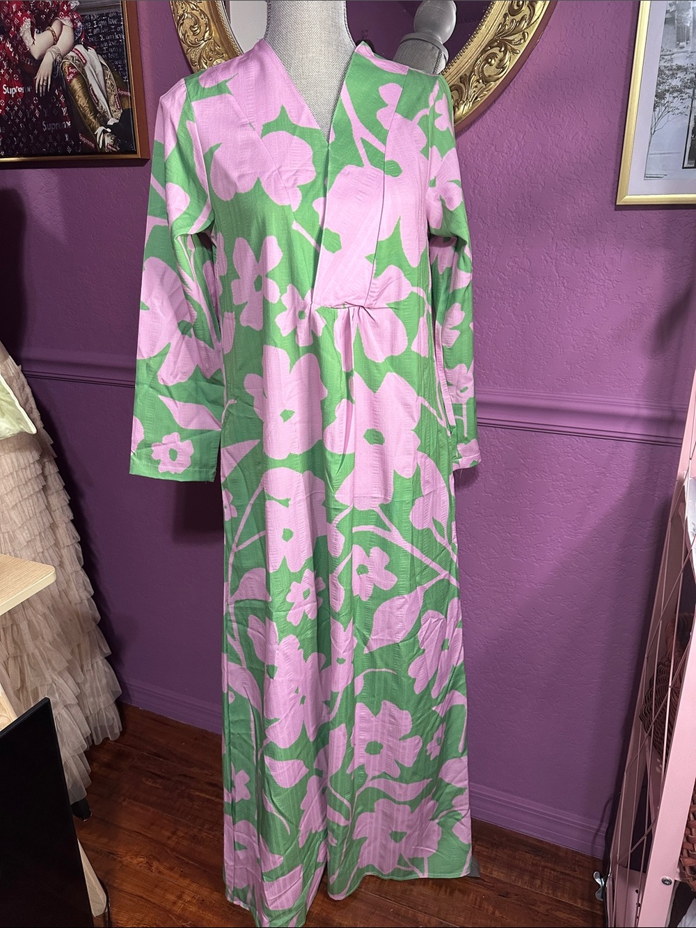 Green and Pink Floral Maxi Dress